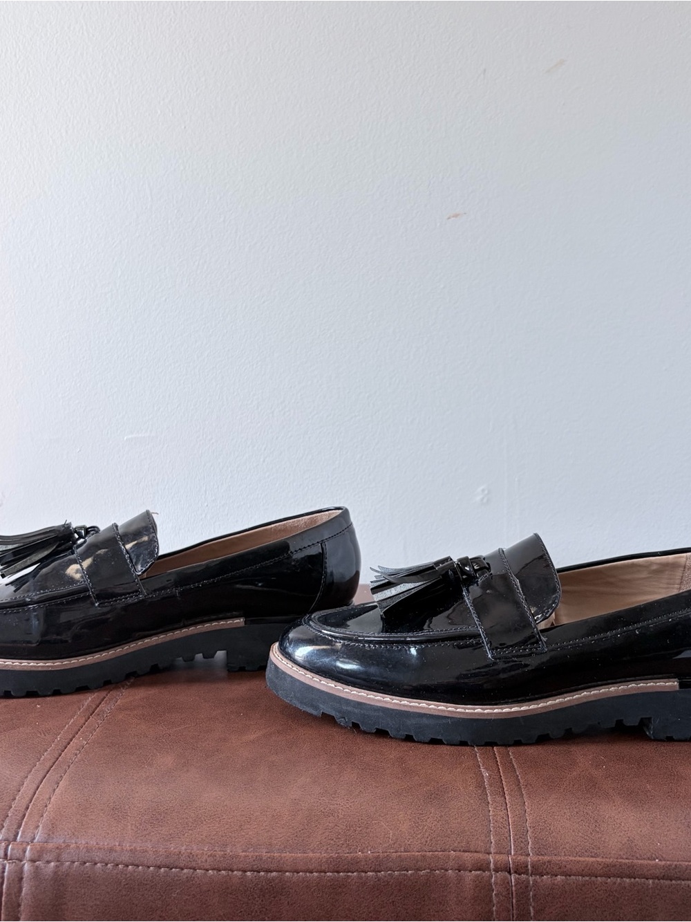 Franco Sarto Carolynn Black Patent Tassel Lug Sole Loafers Size 6M